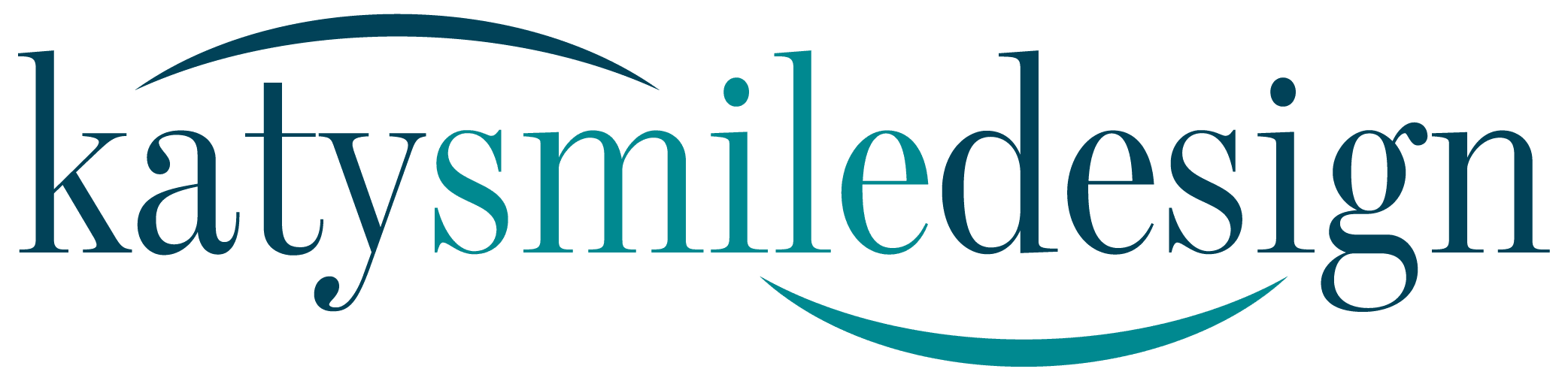 The image shows a logo with the text 'KATYSMILESDESIGN' prominently displayed, accompanied by the tagline 'smile design.' The logo features a stylized smile with teeth and gums, set against a background that appears to be a gradient of blue and gray tones.