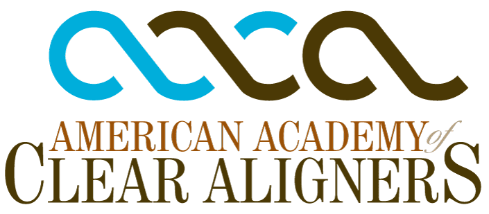 The image features a logo with text that reads AMERICAN ACADEMY OF CLEAR ALIGNERS and includes a graphic of two intertwined arrows forming a circle, which is a common symbol for recycling or reuse, but in this context seems to represent the concept of clear aligners. The logo has a clean and modern design with a color scheme that includes shades of blue, white, and brown.