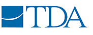 The image is a logo consisting of stylized text with the letters TDA prominently displayed on a dark background, with a graphic element resembling a stylized letter T in white above the text.